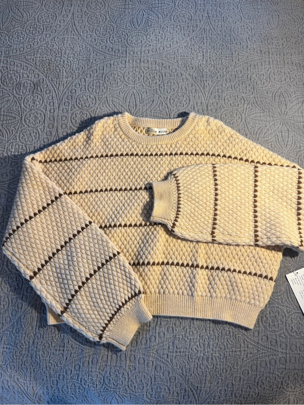Women's Cream Crewneck Knit Sweater with Chocolate Stripes